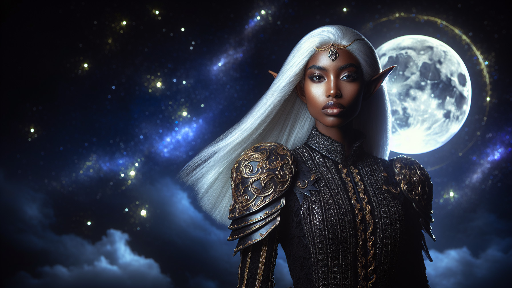 Fantasy Character Under Starry Night Sky with Moon