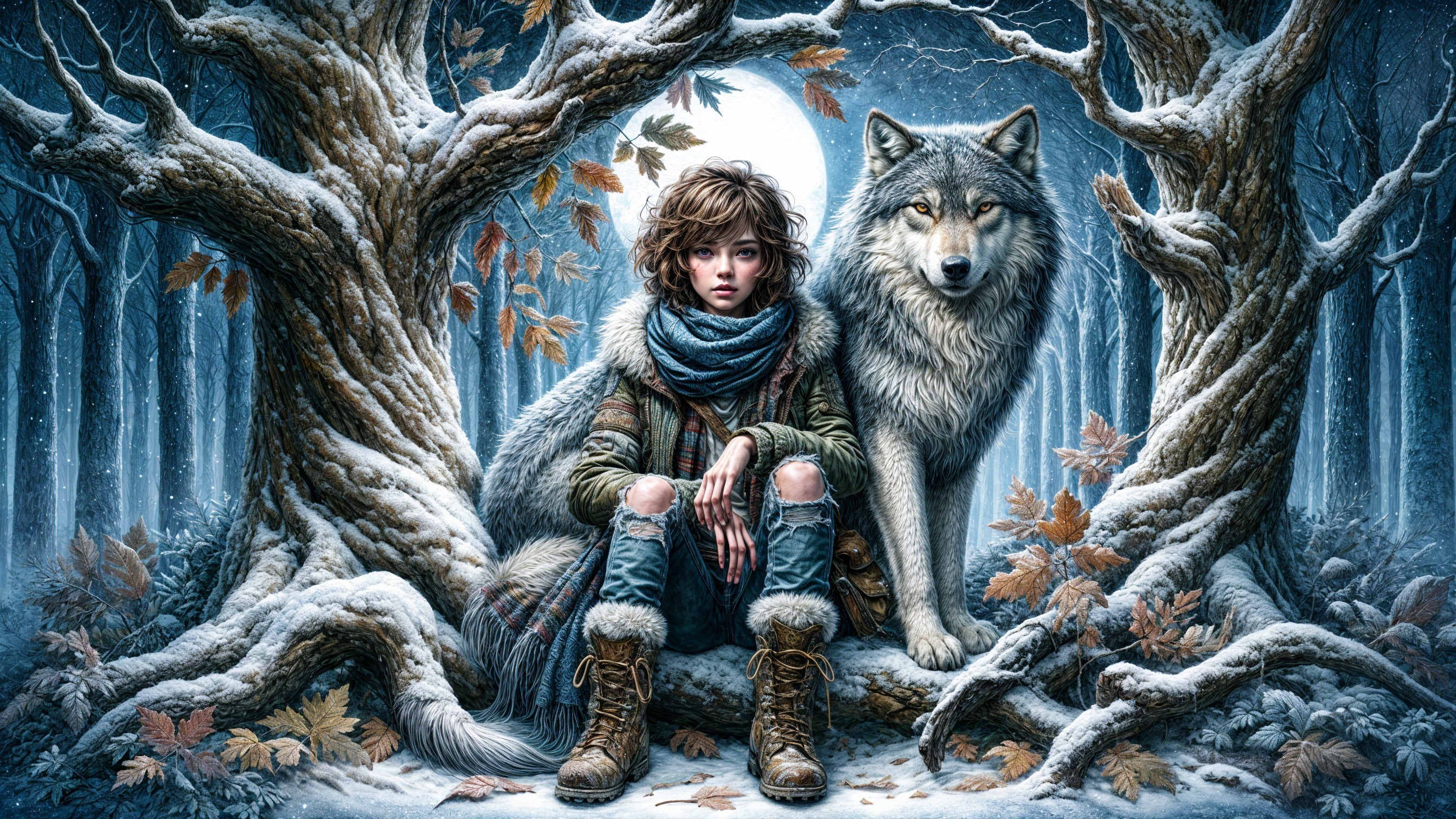 Young girl and wolf in a snowy forest setting