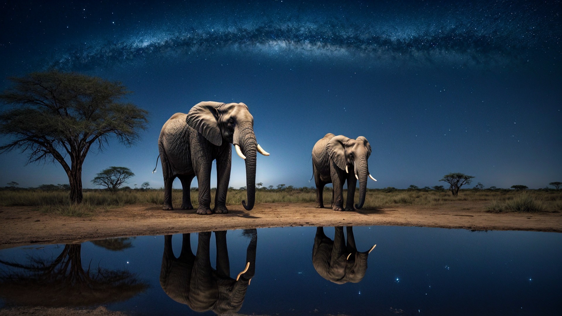 Elephants by Waterhole Under Starry Night Sky