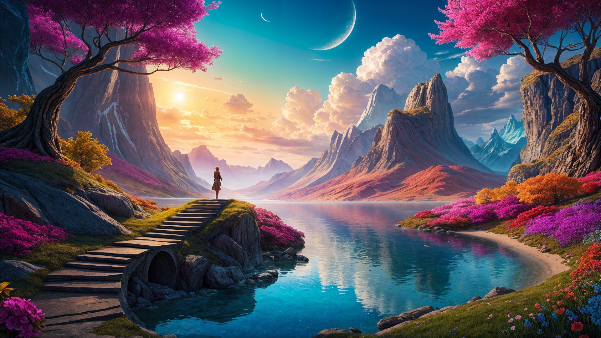 Tranquil Lake Surrounded by Pink Trees and Mountains