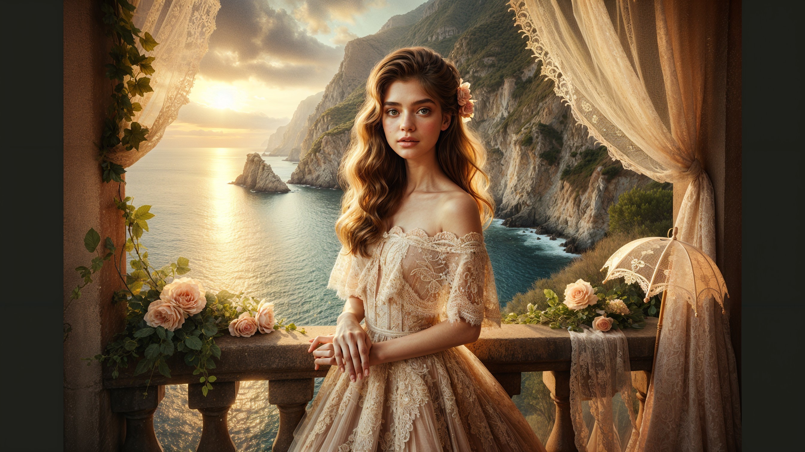 Young Woman in Lace Gown by Coastal Balcony at Sunset
