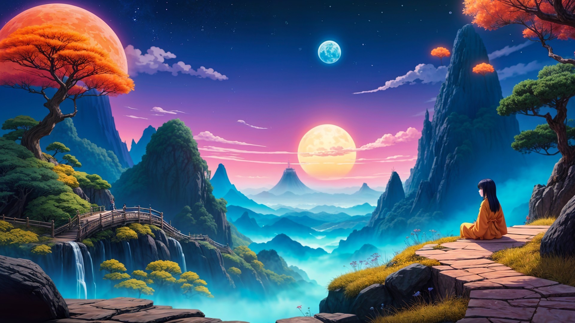 Serene Landscape with Figure and Vibrant Sunset Sky