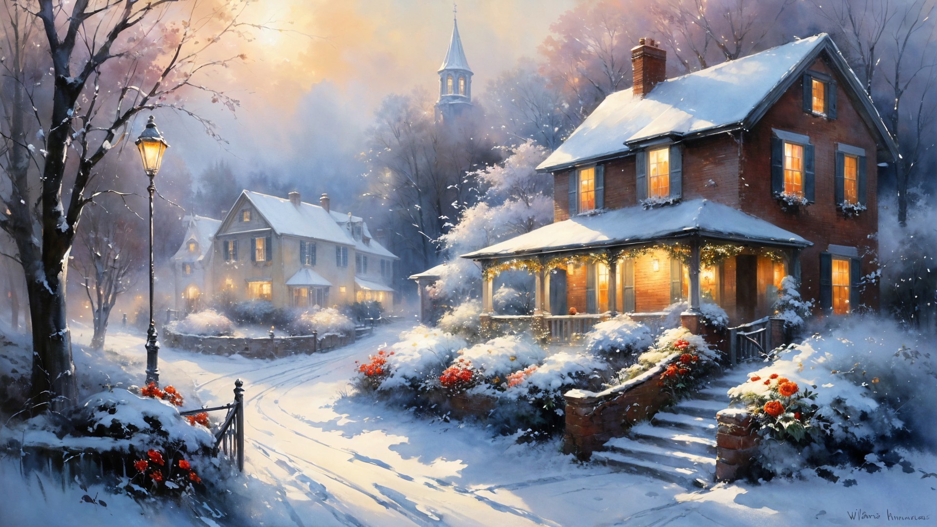 Cozy Brick House in Serene Winter Scene