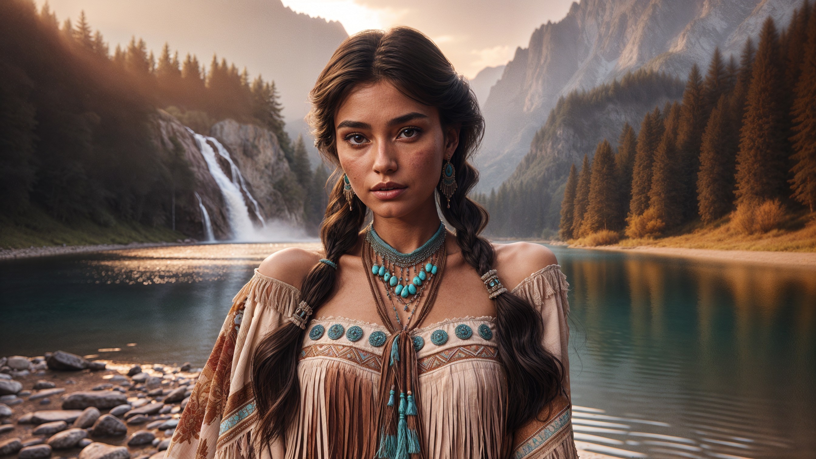 Young Woman by Lake with Mountains and Waterfall