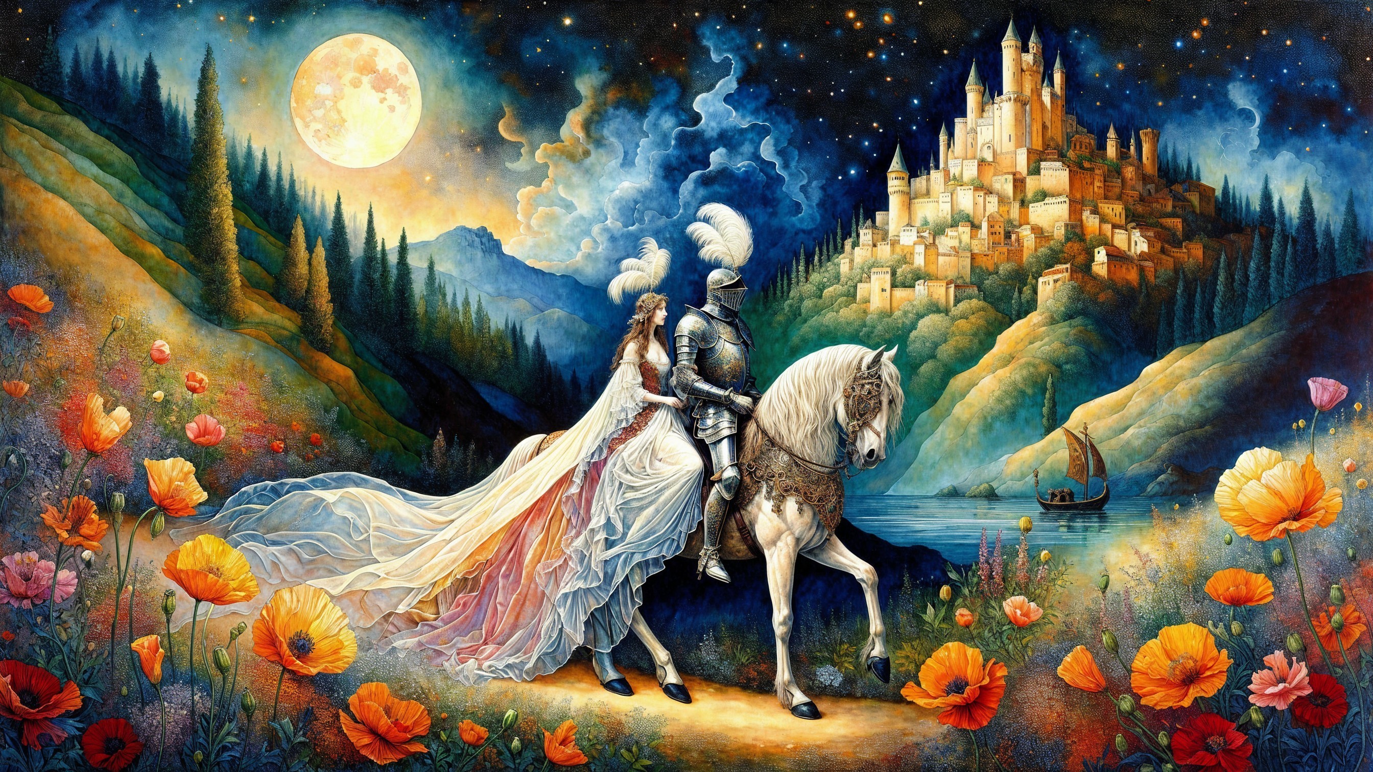 Knight and Maiden by a Castle Under the Moonlight