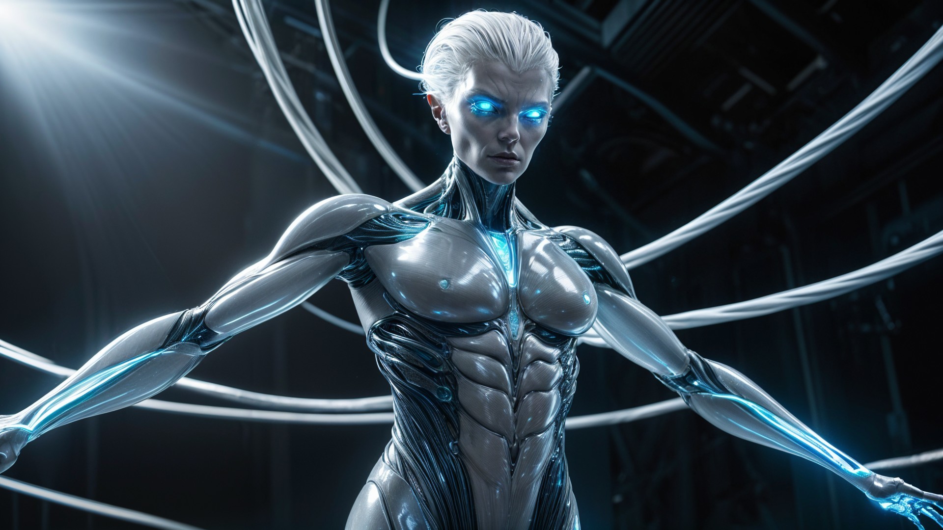 Futuristic humanoid robot with glowing blue eyes