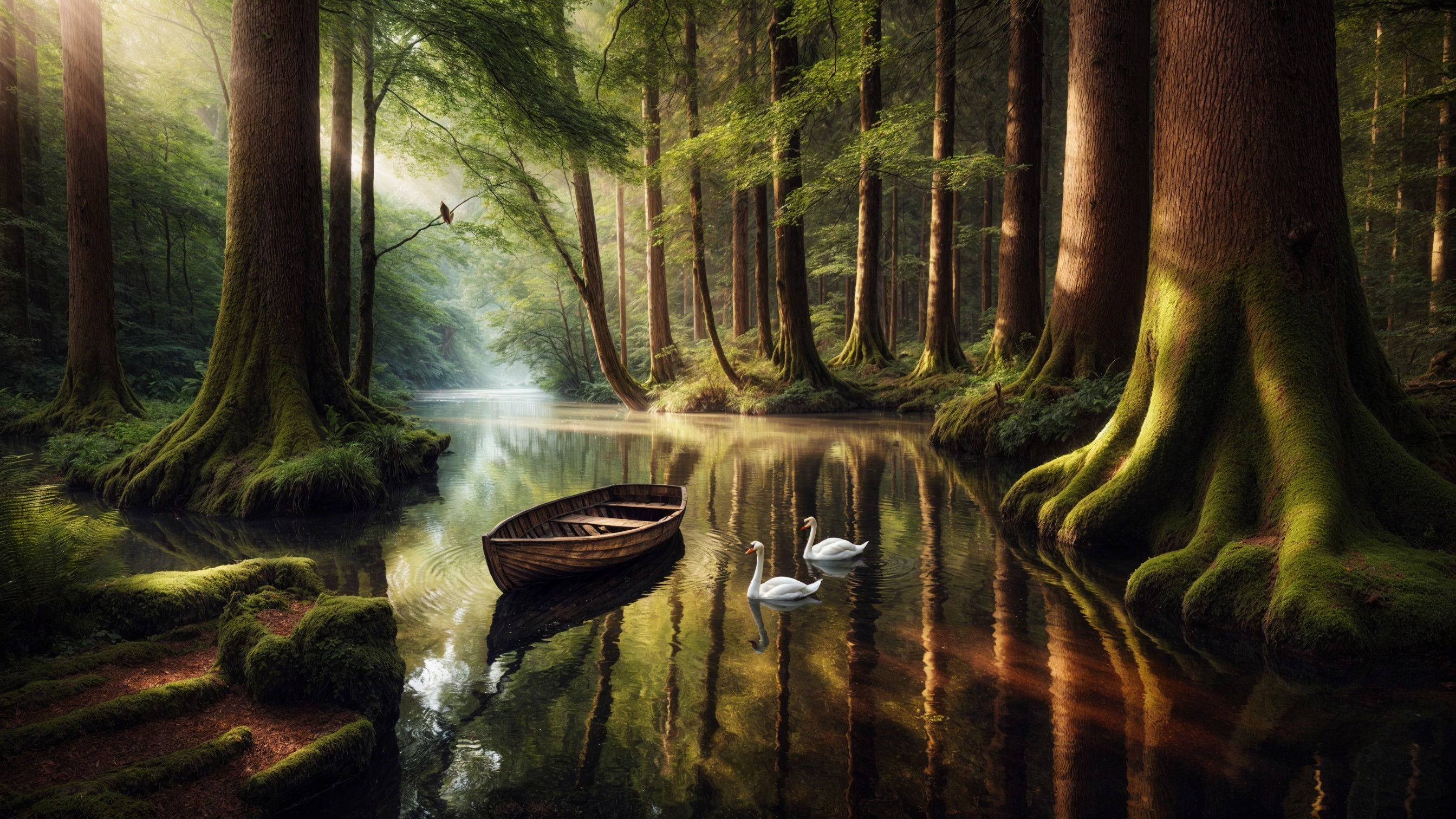 Serene Forest Scene with River and Swans