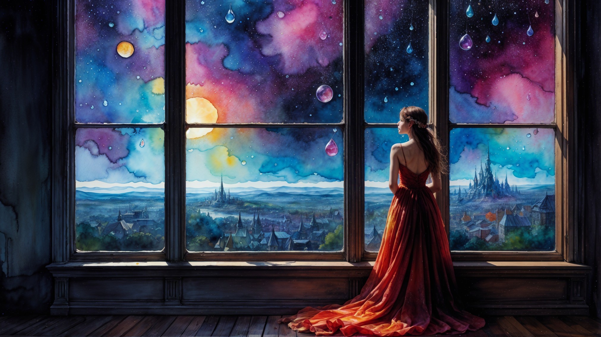 Whimsical Scene of a Woman in a Red Gown by a Window