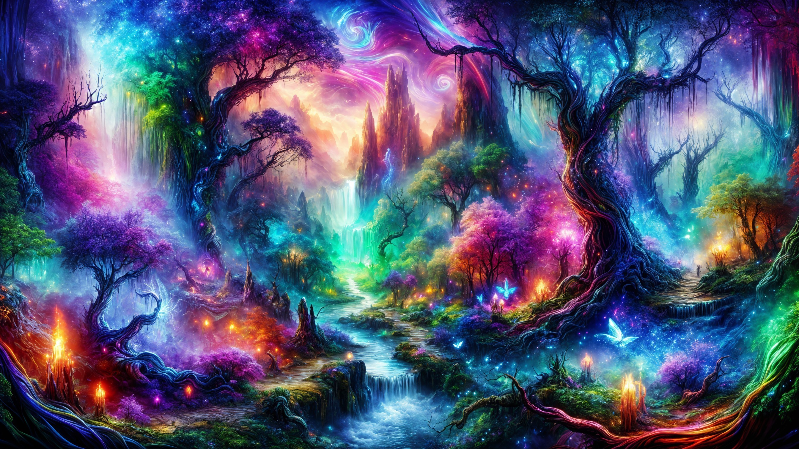 Vibrant Enchanted Forest with Colorful Trees and Waterfalls