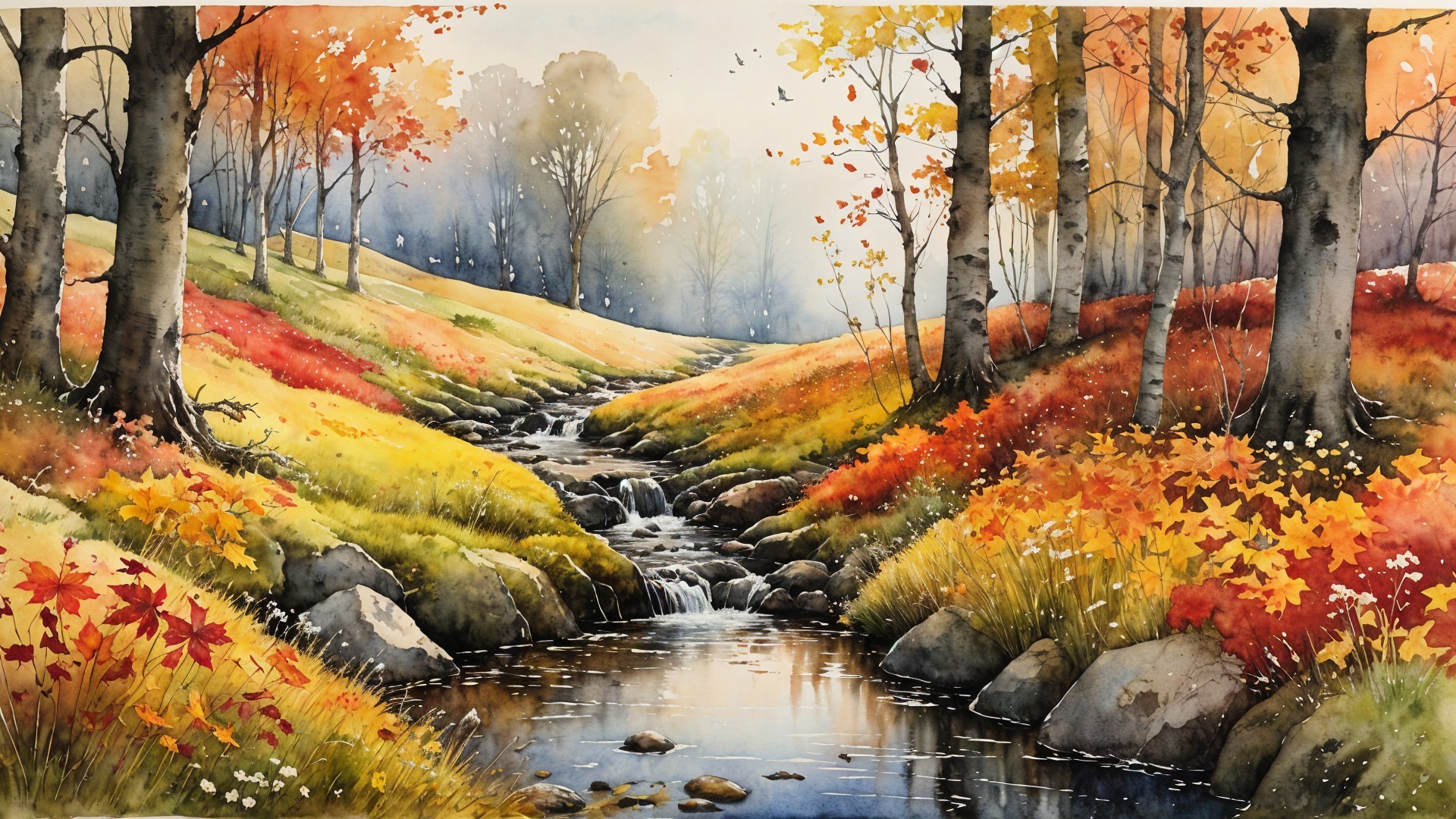 Tranquil Autumn Landscape with Stream and Colorful Foliage