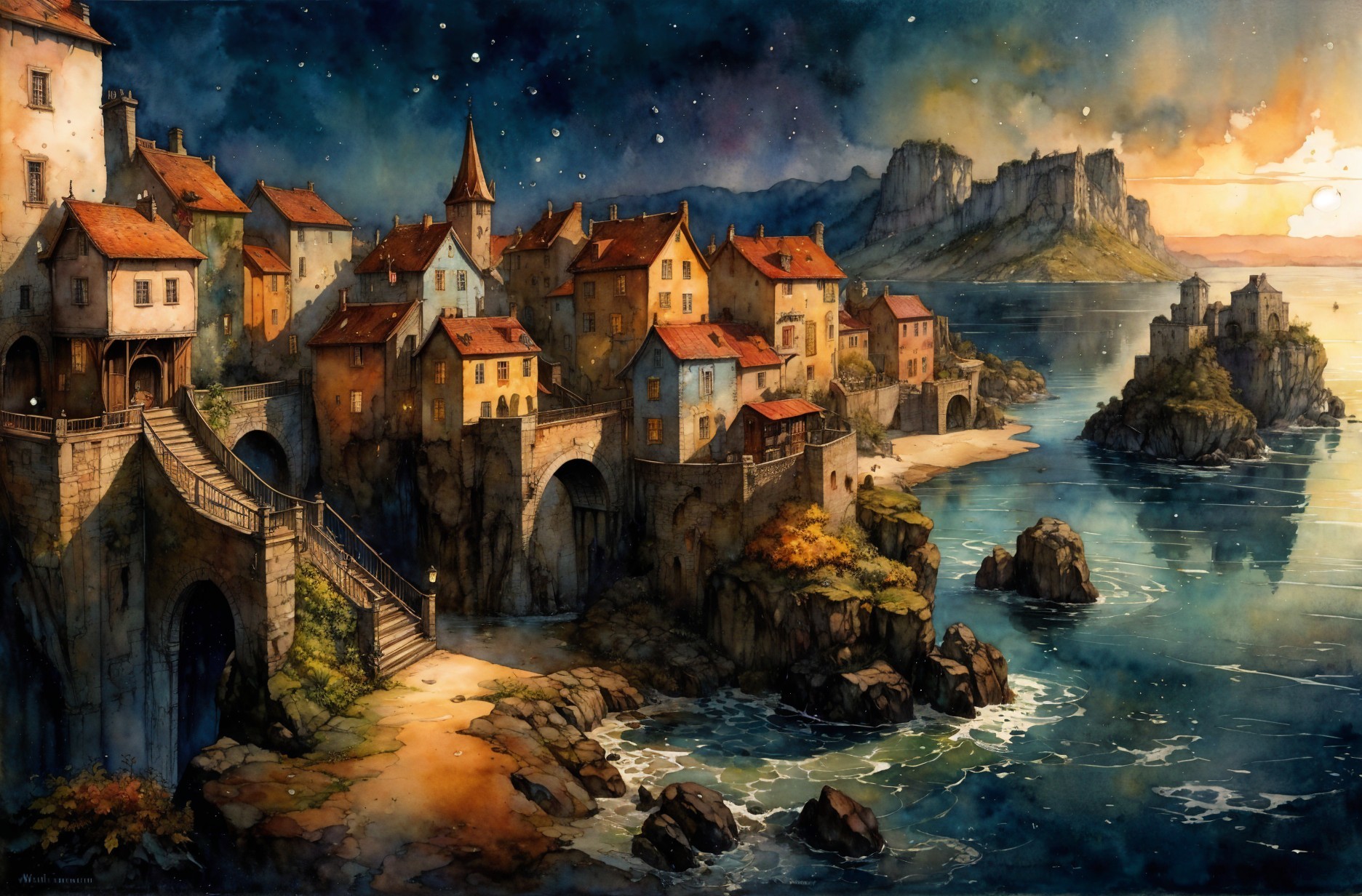 Coastal Village with Cliffs and Sunset Landscape
