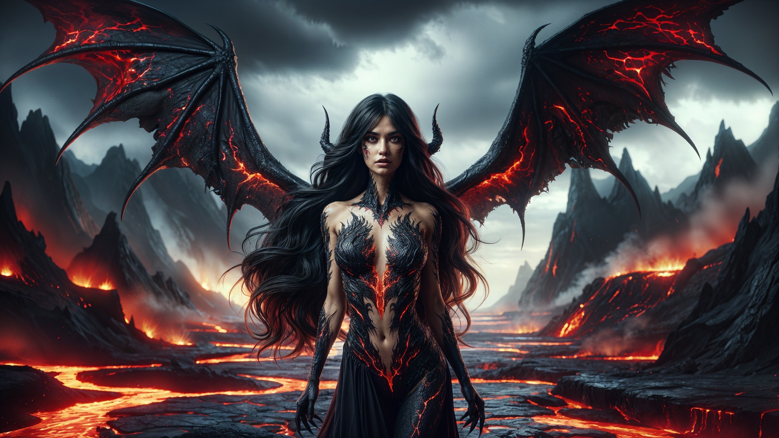 Mythical Figure in Volcanic Landscape with Wings