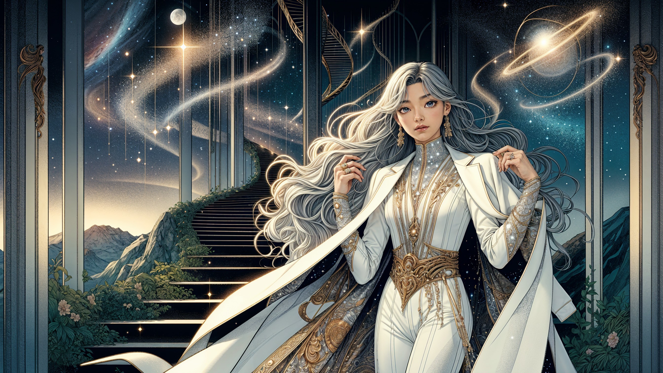 Mystical Figure at Staircase Surrounded by Cosmos