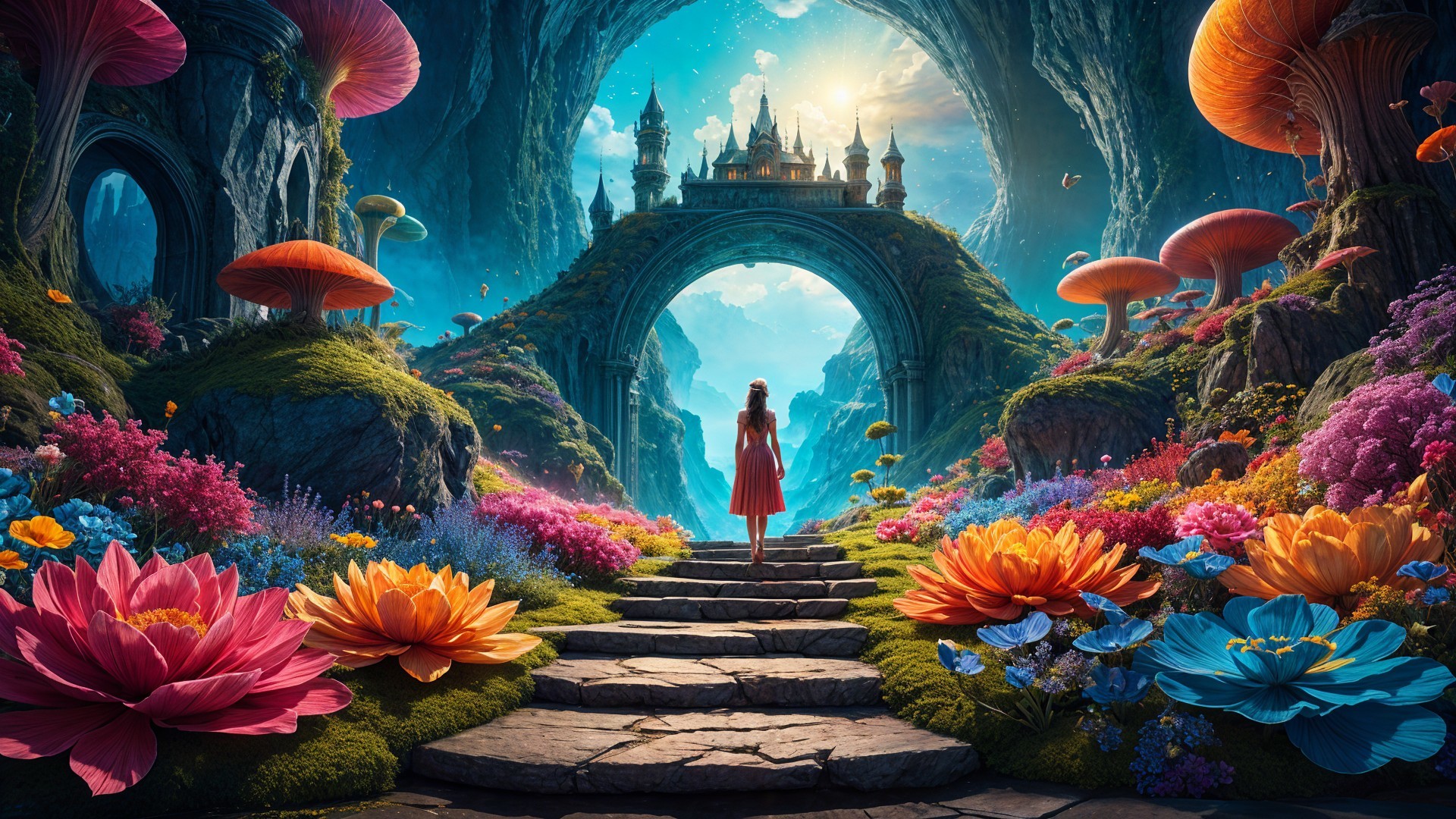 Vibrant Fantasy Scene with Castle and Lush Flora