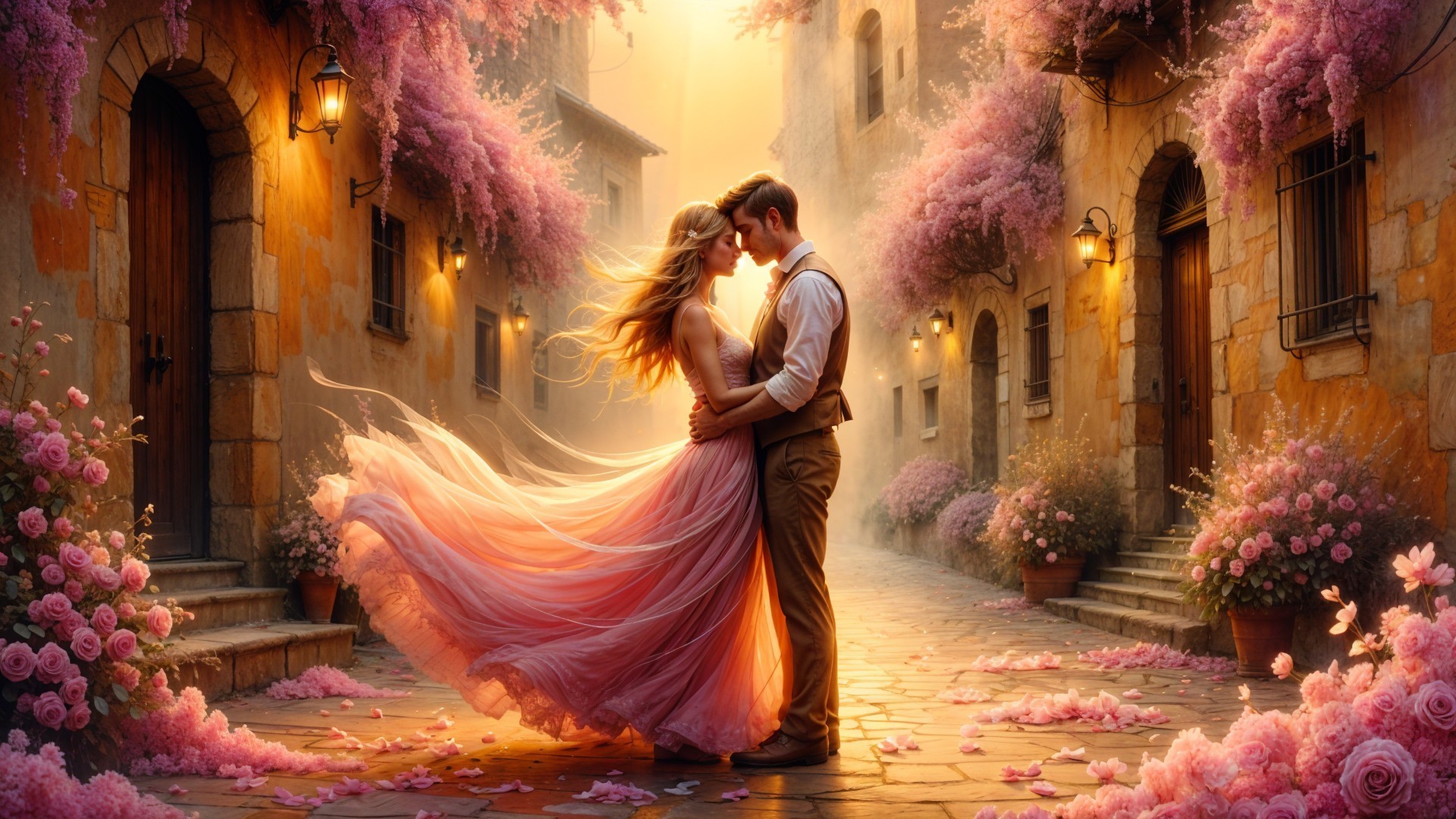 Romantic Alleyway with Wisteria and Roses