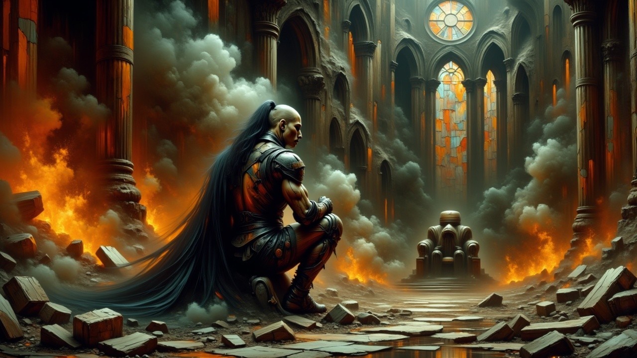 Lone Warrior in Ruined Hall Surrounded by Smoke