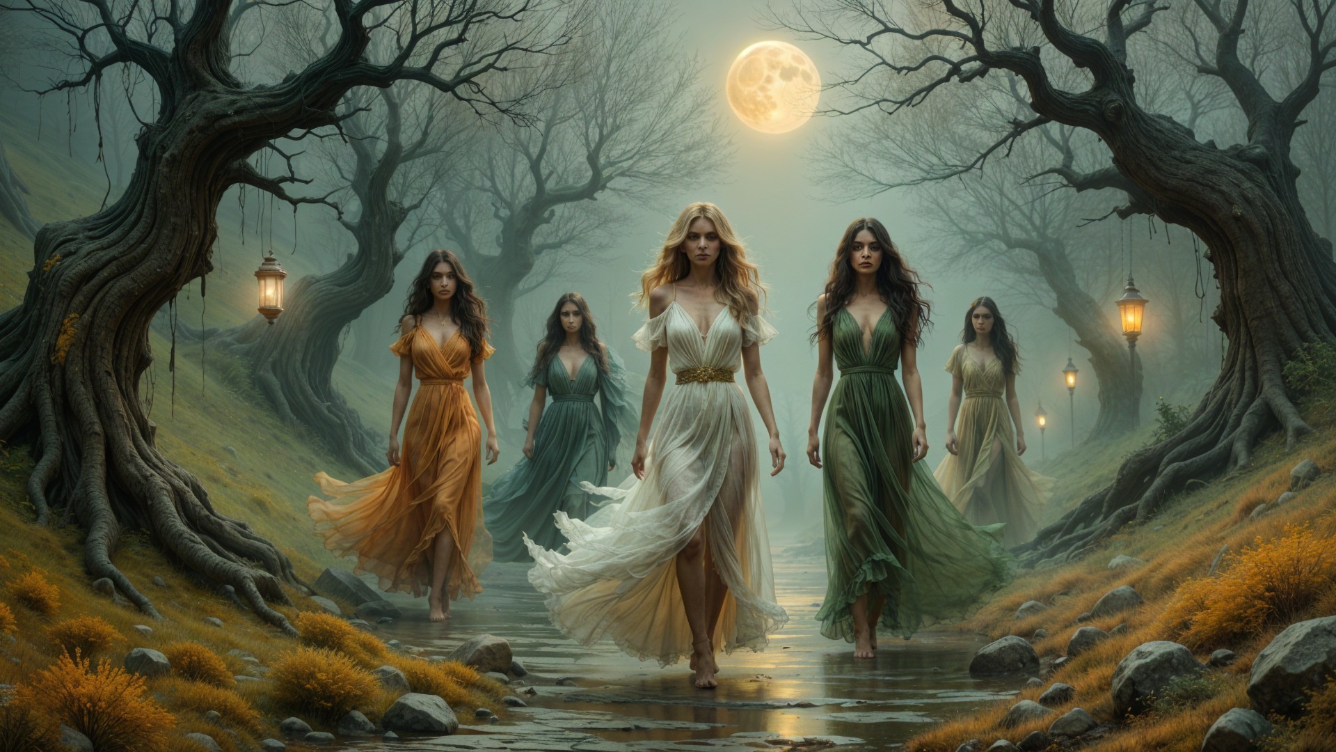 Moonlit Forest Path with Women in Pastel Gowns