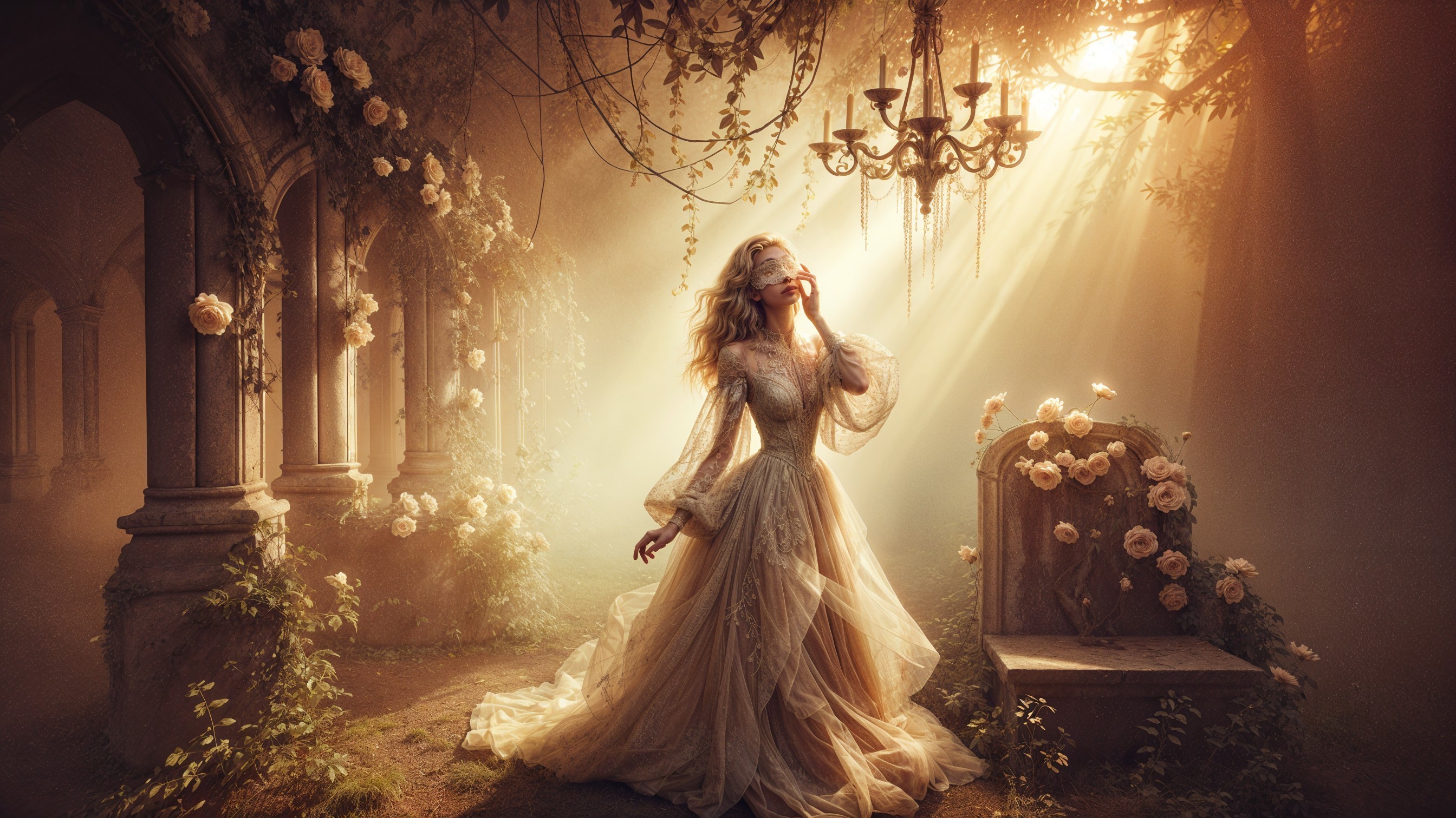 Enchanted garden with a woman in a vintage gown