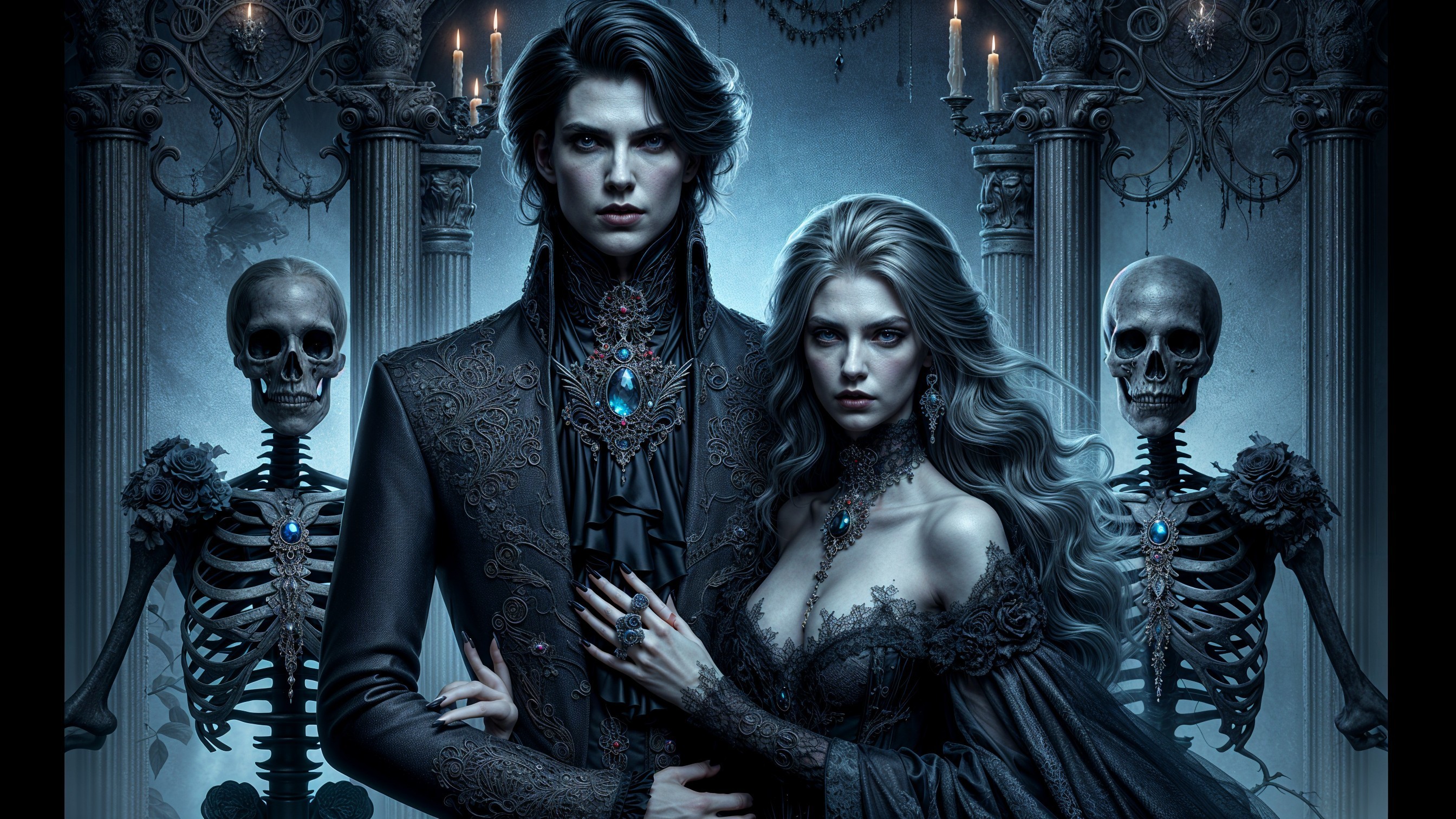 Gothic Scene with Darkly Dressed Couple and Skeletal Figures