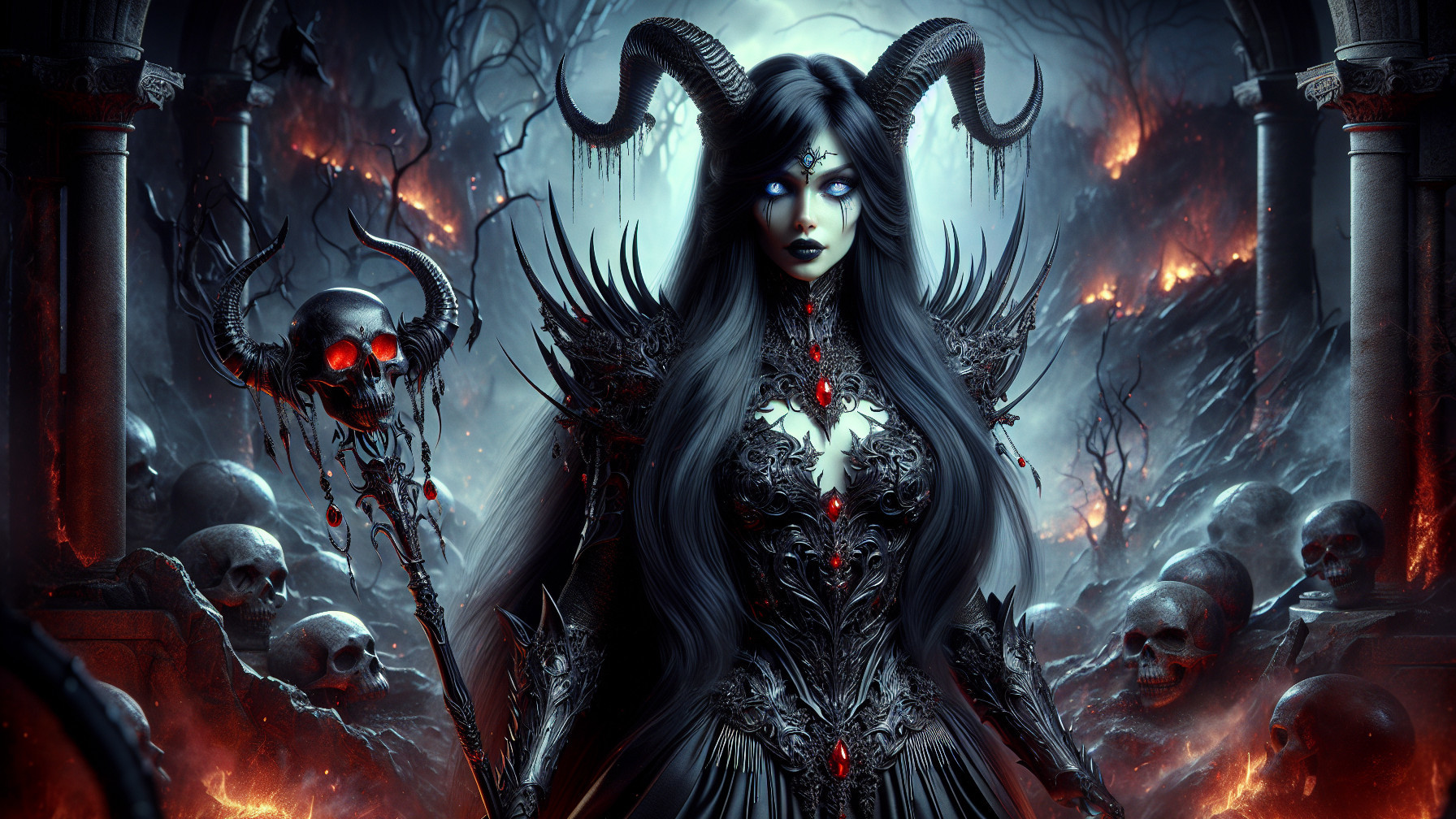 Dark Sorceress in Fiery Landscape with Ruins and Skulls