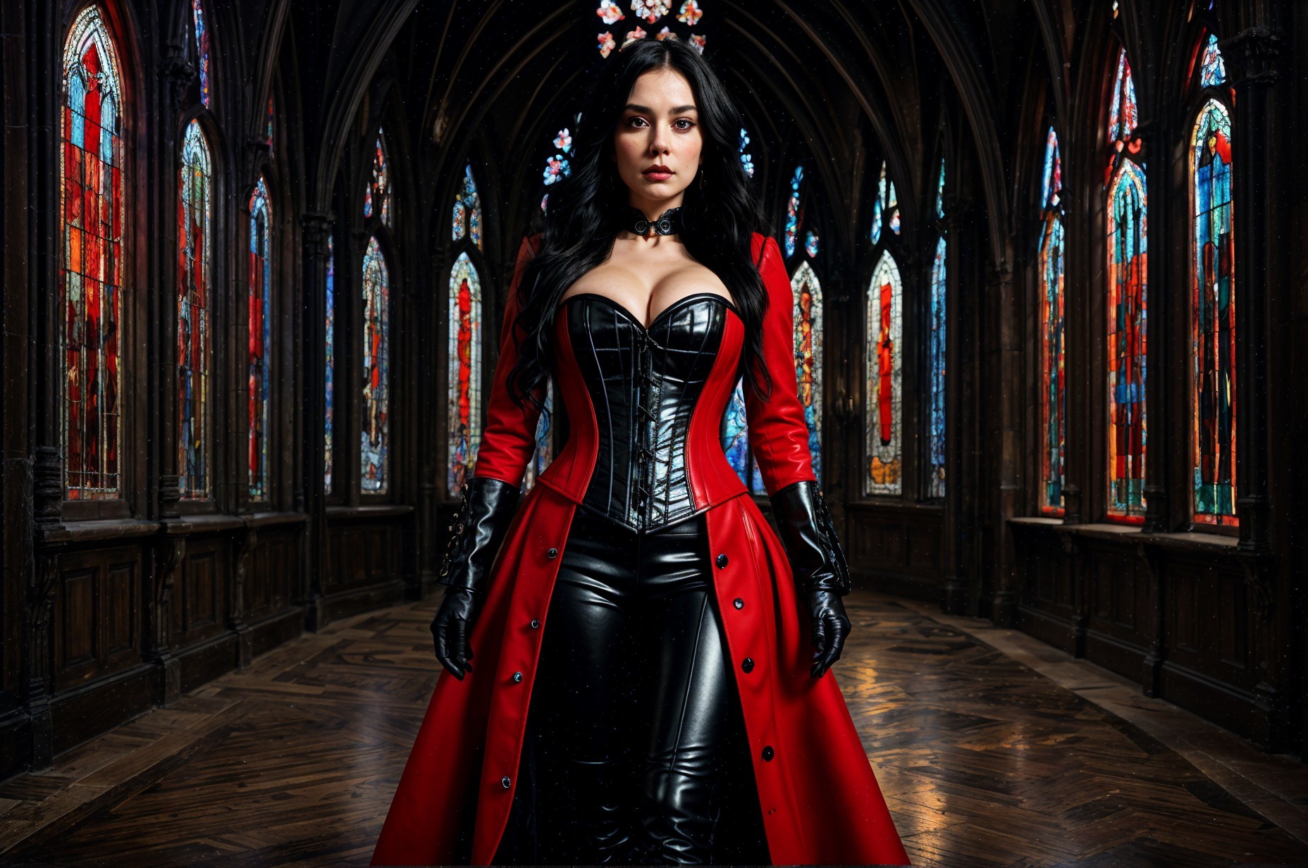 Gothic Figure in Red Coat with Stained Glass Background