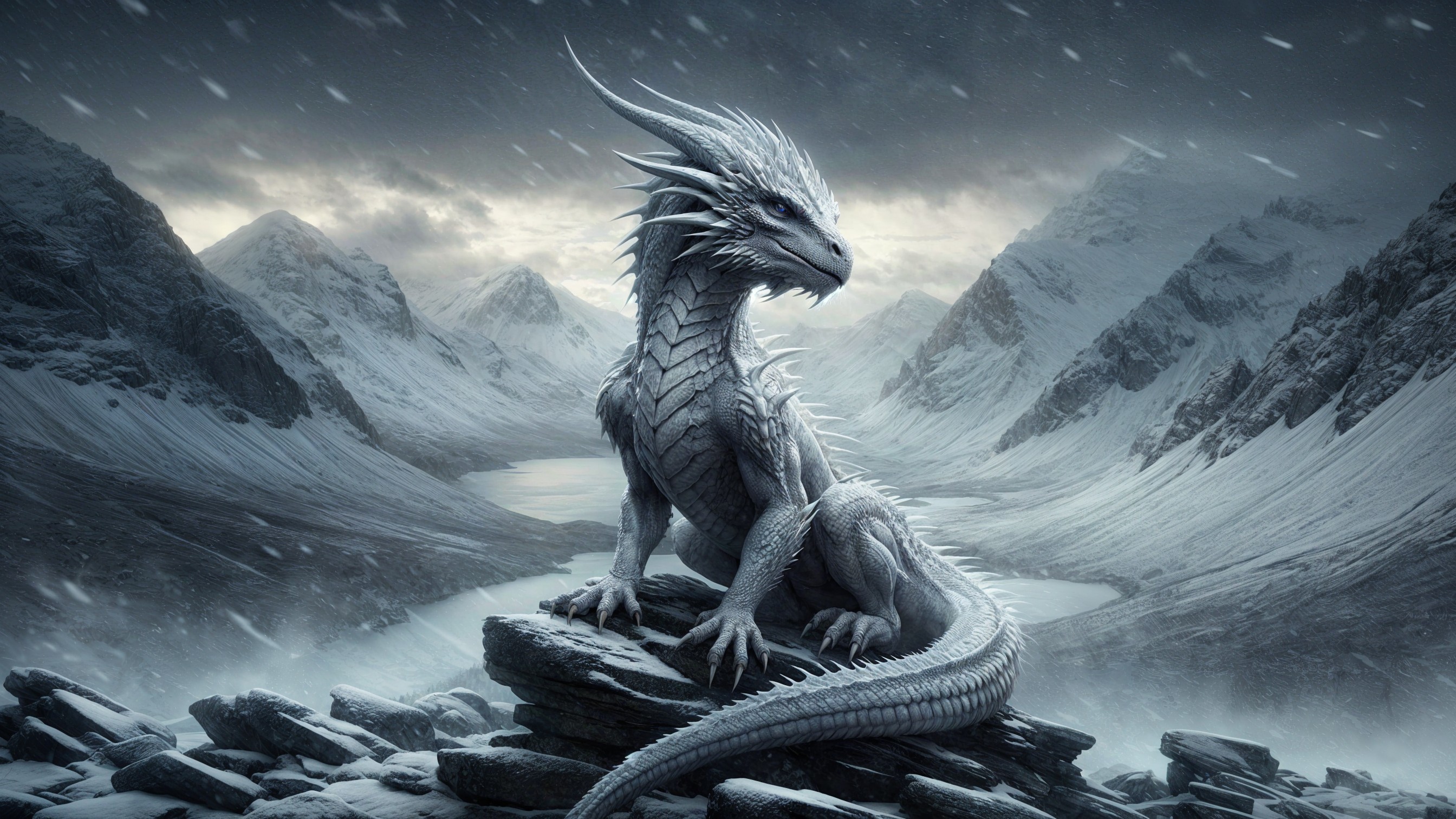 Majestic ice dragon on rugged rocks under snowy sky