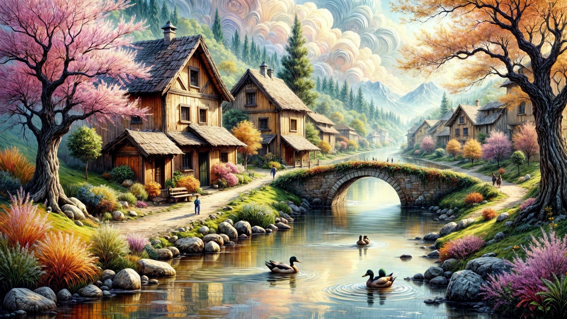Serene Village Scene with Wooden Houses and Stream