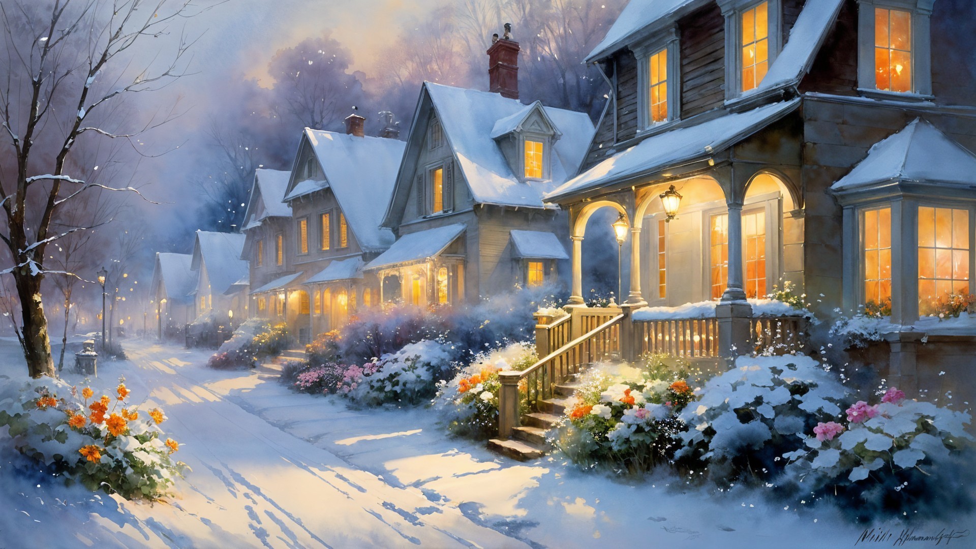 Charming Snow-Covered Houses in a Winter Landscape