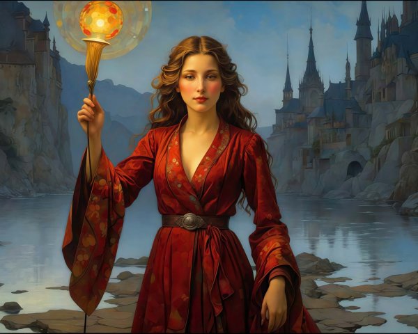 Woman in Red Dress with Orb by Water and Castle