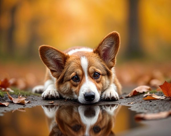 Corgi by Puddle Amidst Autumn Leaves and Light