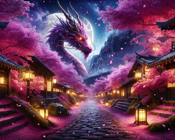 Serene village with cherry blossoms and a dragon at night