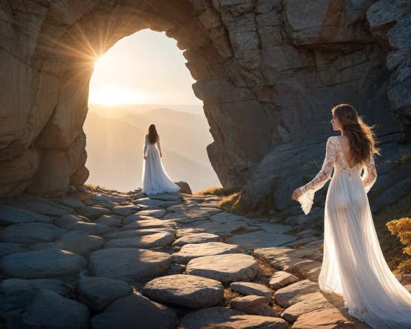 Figures in White Dresses Walk Through Natural Archway