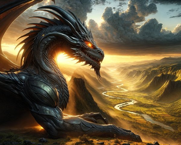 Majestic black dragon overlooking a picturesque valley