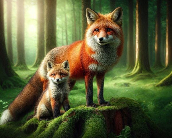 Red Foxes in a Serene Forest Setting with Sunlight