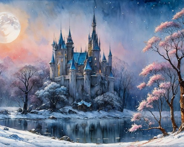 Majestic castle in serene winter landscape at twilight