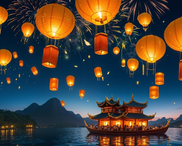 Traditional Boat on Calm Lake with Lanterns and Fireworks