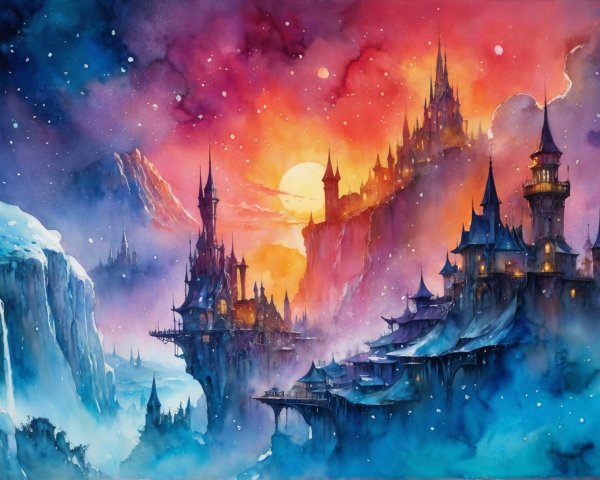 Fantasy Landscape with Castles and Vibrant Sunset