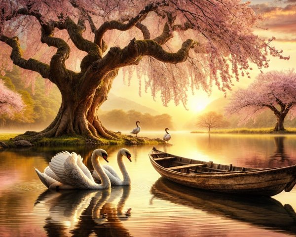 Serene Landscape with Swans and Cherry Blossoms