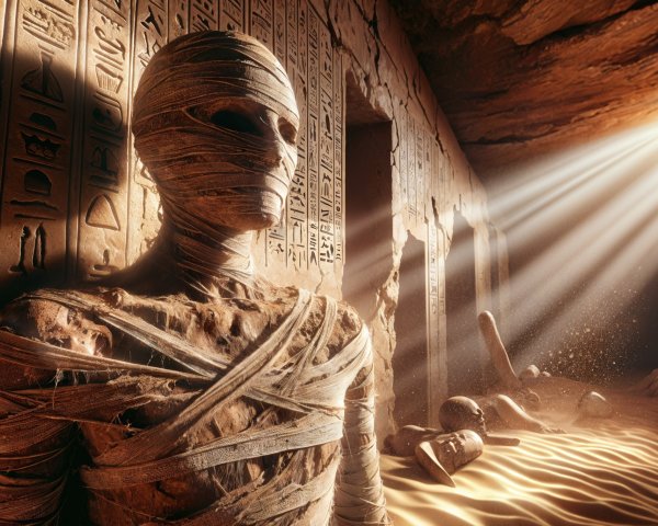 Ancient Tomb with Mummy and Hieroglyph-Covered Walls