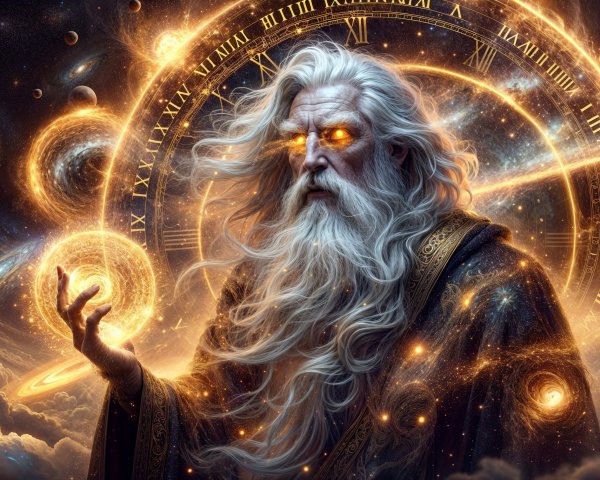 Cosmic Figure with White Hair and Golden Eyes