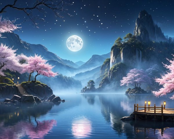 Tranquil Night Landscape with Lake and Mountains
