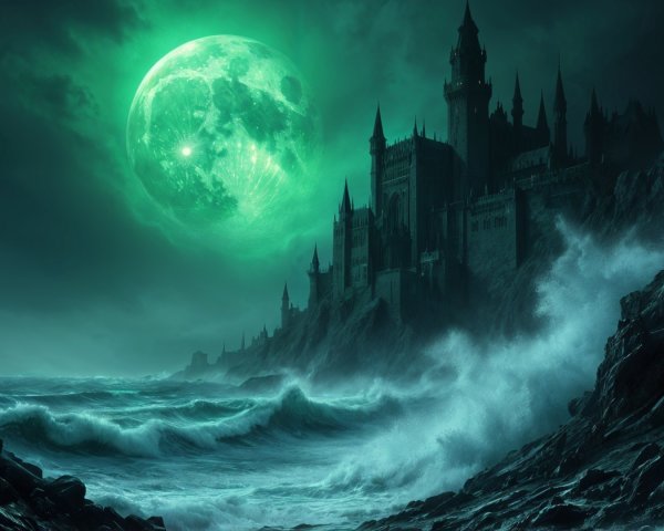 Eerie Coastal Landscape Under Green Moonlight