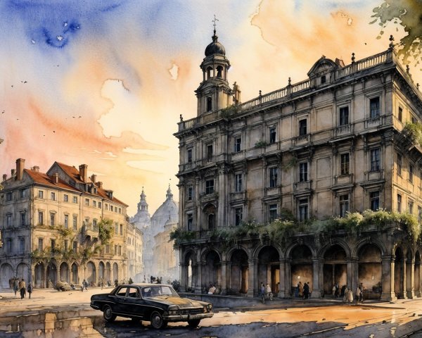 Watercolor Cityscape with Historic Buildings and Sunset