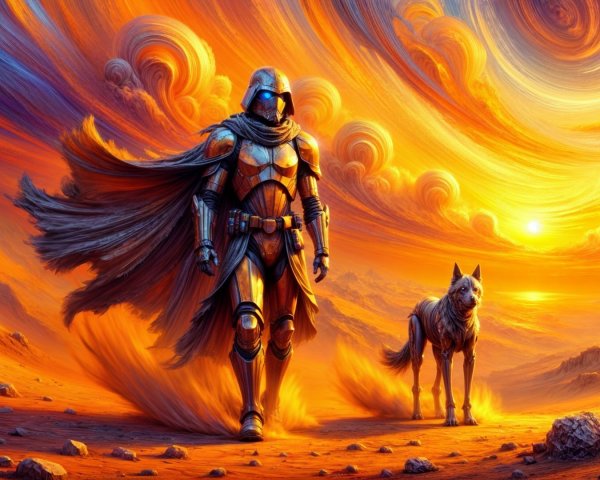 Futuristic warrior in ornate armor in vibrant landscape