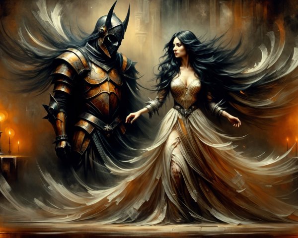 Majestic Woman and Armored Knight in Mystical Realm