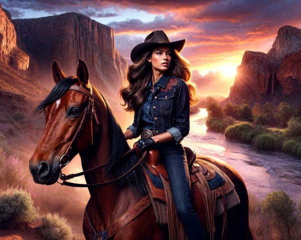 Woman on Horse in Sunset Landscape with Cliffs