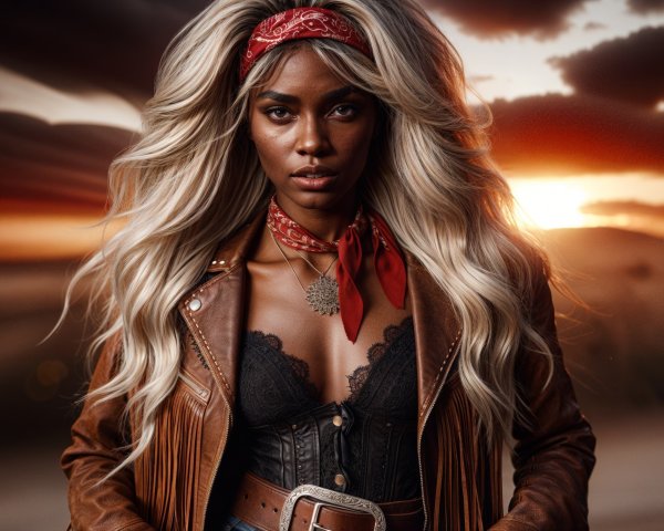 Confident Woman in Leather Jacket Against Sunset Backdrop