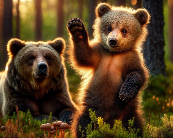 Bear Cub Playfully Waving in Sunlit Forest Setting