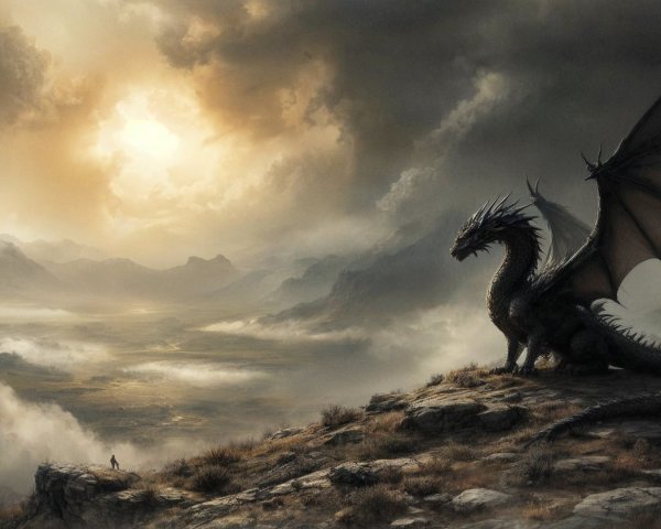 Black Dragon on Rocky Outcrop Under Stormy Sky