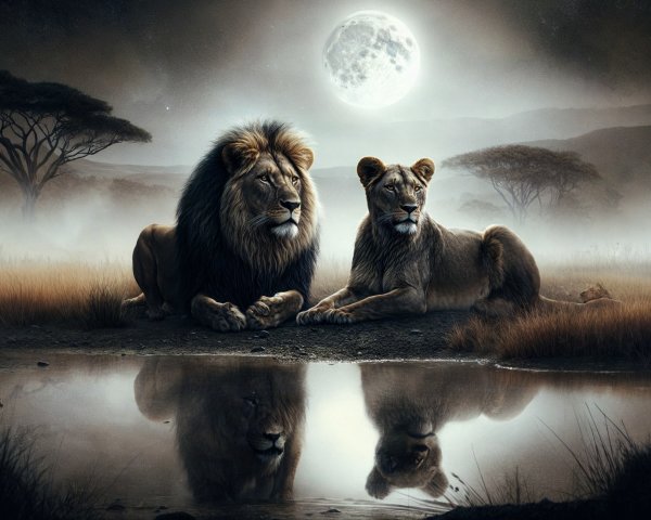Lion and Lioness by a Moonlit Waterhole Scene